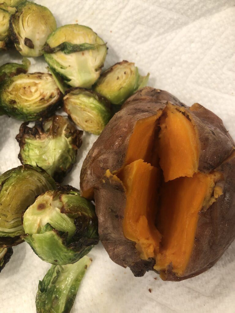 Air Fryer Brussel Sprouts and Roasted Sweet Potato